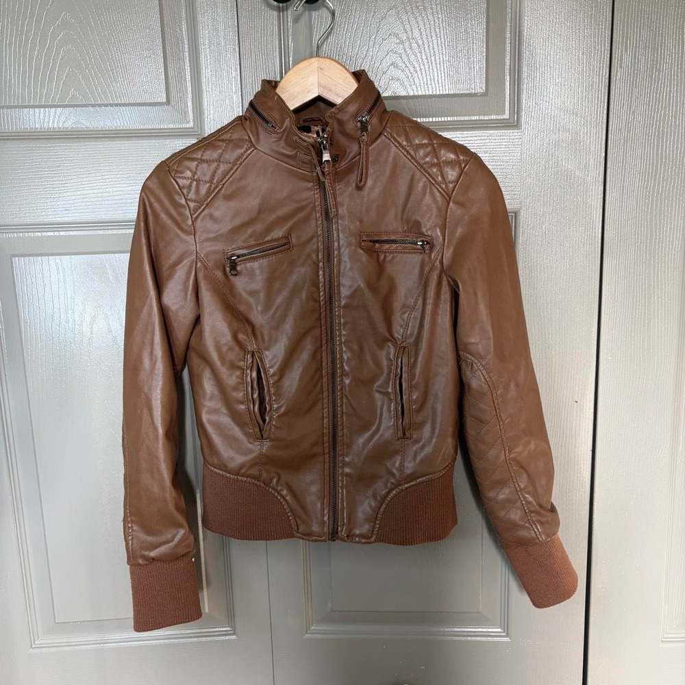 Ci Sono by Cavalini Brown Faux Leather Biker Jacket Leopard Lining Y2K Womens S
